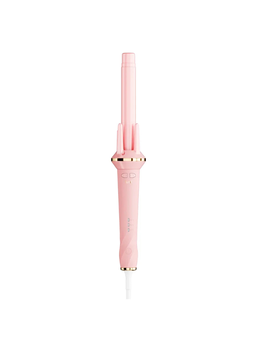 Pink hair curling iron with gold accents on a white background