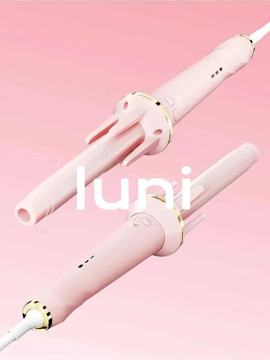 Pink hair curler with 'luni' branding on a pink background