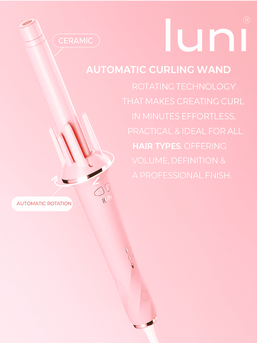 Pink curling wand with text on a pink background