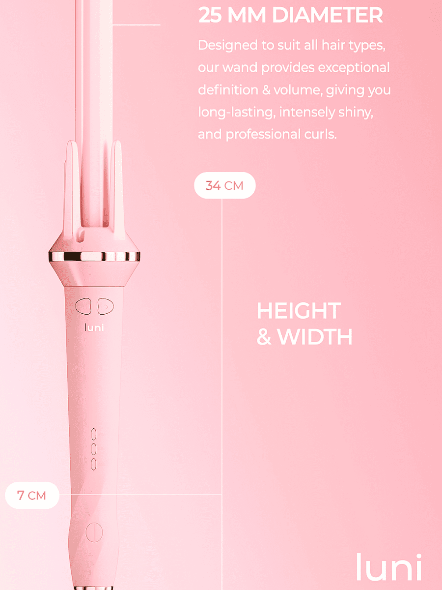 Pink hair styling tool with measurements and text on a pink background, featuring the brand 'luni'.