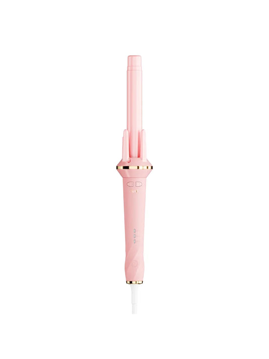Pink hair curling iron with gold accents on a white background