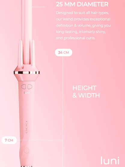 Pink hair styling tool with measurements and text on a pink background, featuring the brand 'luni'.